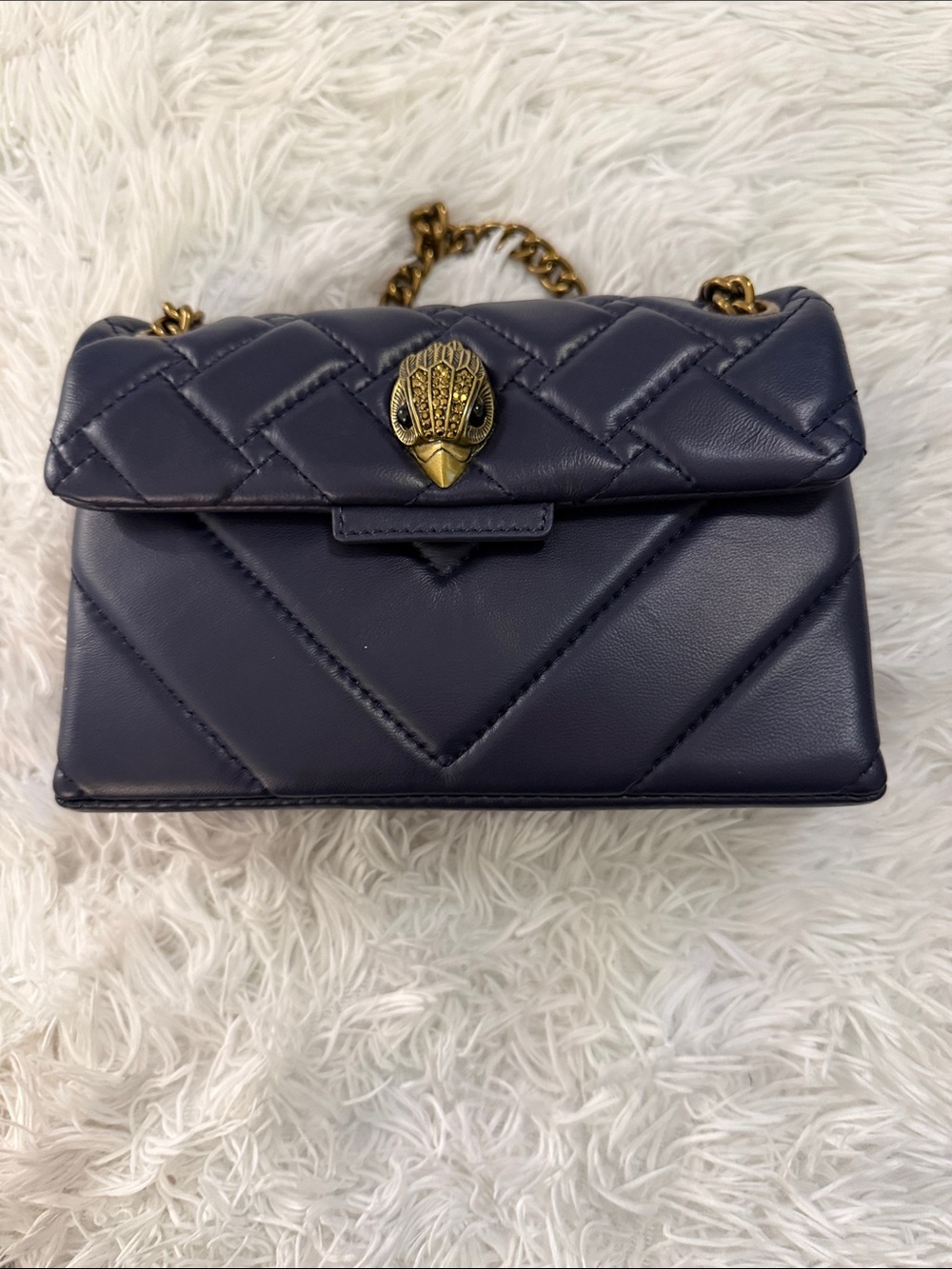 Kurt Geiger Kensington Quilted Navy Shoulder Bag with Gold Chain